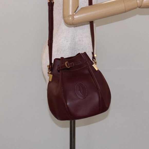 CARTIER Must Line Shoulder Bag Leather Bordeaux Gold Auth - Picture 1 of 16